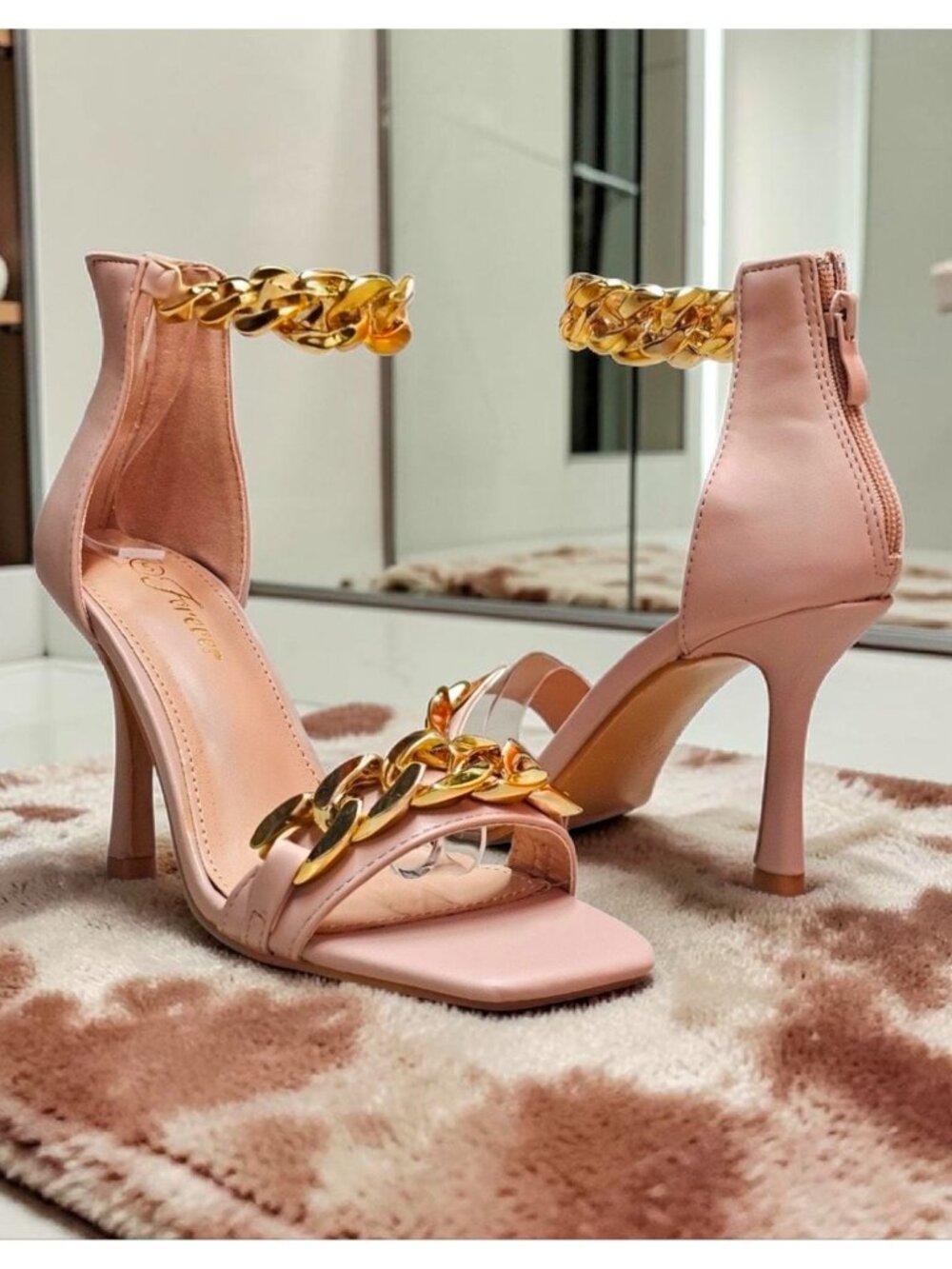 Blush Pink High Heel Sandals With Gold Chain Ankle Strap Square Toe Back Zipper - Picture 12 of 12
